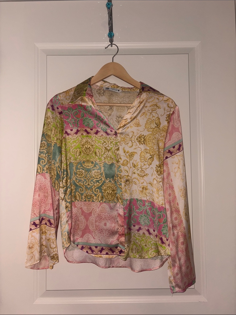 Silky Patchwork Print Button-Up Blouse - Multi